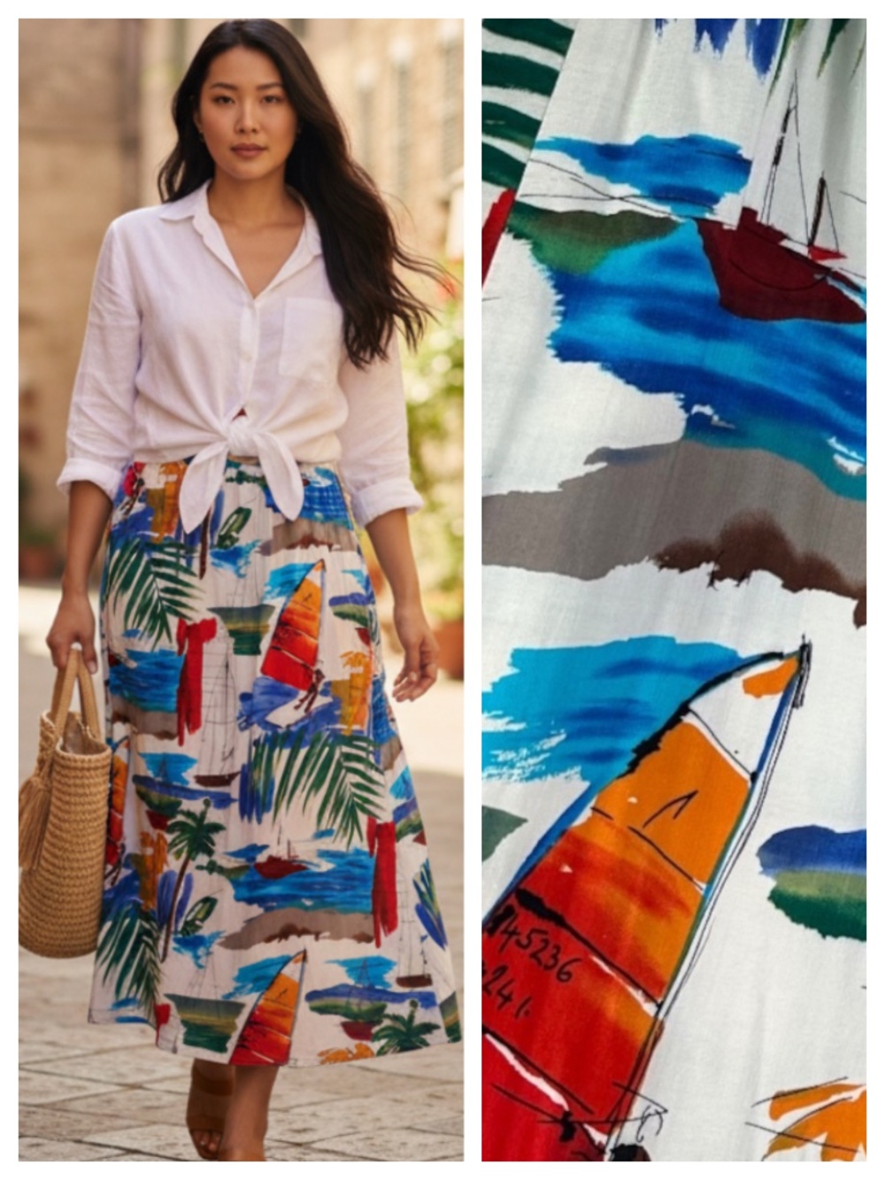 Vtg Lindsey Scott Maxi Midi Skirt Sz Large 12 14 Sailboats Nautical Vibrant